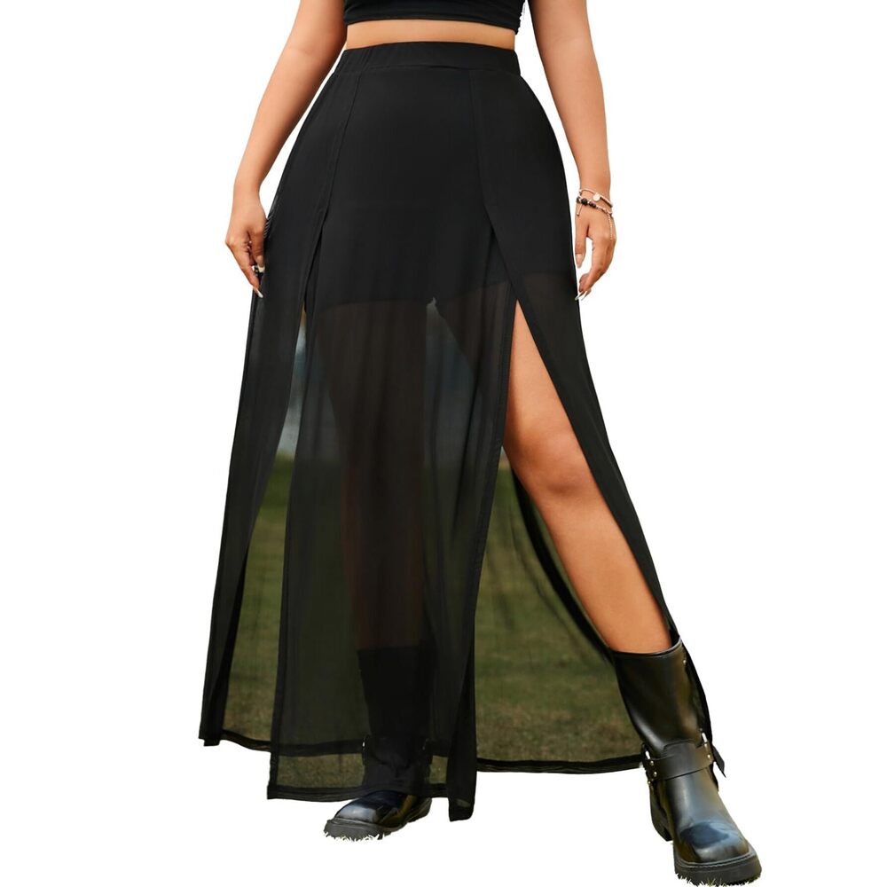 8503 Plus Size Skirts High Waist Split Side Sheer Mesh A Line Long Skirt
